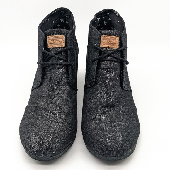 Toms Desert Metallic Black Wedge Linen Ankle Boots Women's Size 11. - Picture 2 of 6
